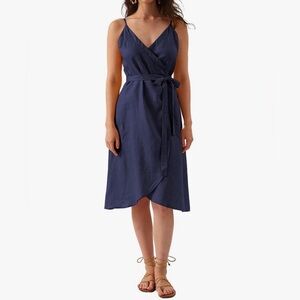 NWT AMAZHIYU 100% XL Linen Sleeveless Spaghetti Strap Midi Dress in Navy